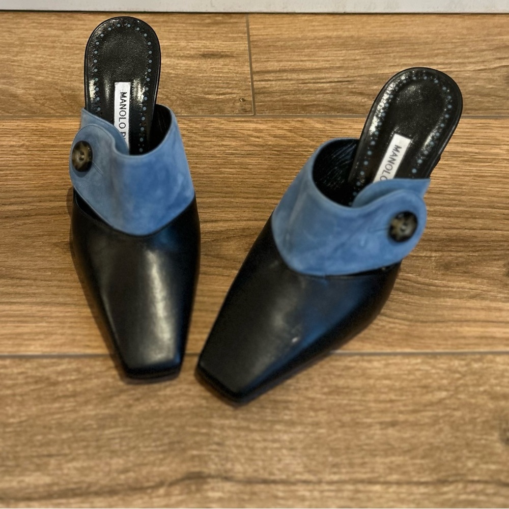 Manolo Blahnik - Two tone Blue & Black Suede & Leather Mule Heels
